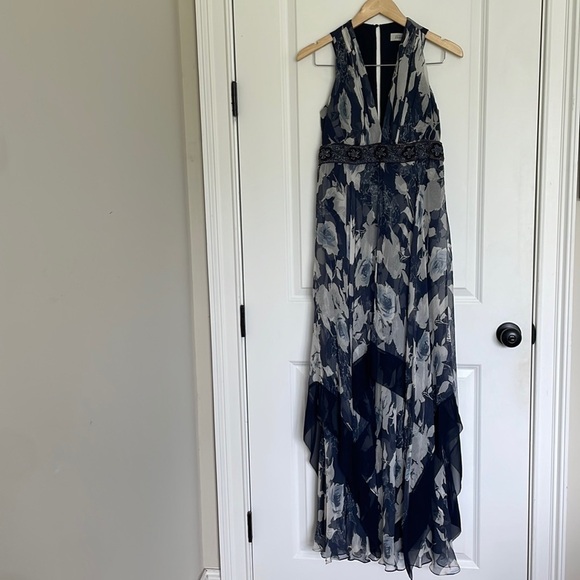 Teri Jon by Rickie Freeman Floral Silk Dress Navy 6 - Picture 1 of 7